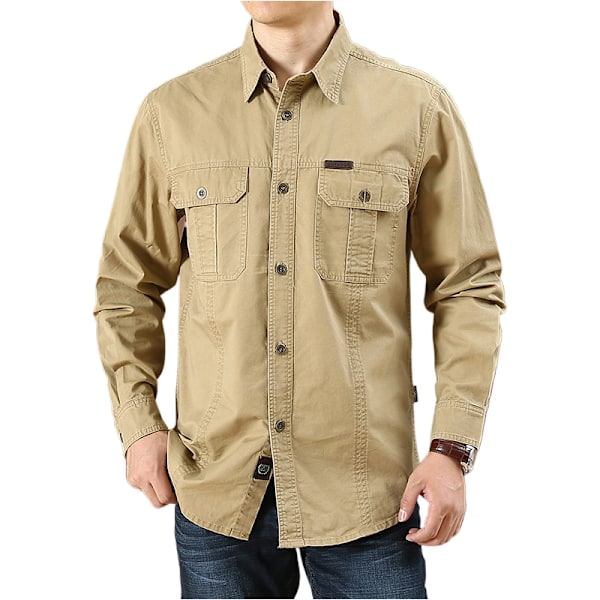 Herre skjorte ensfarget avslappet løs langermet skjorte herre arbeidsklær lommedesign stil jakke khaki 2XL-185