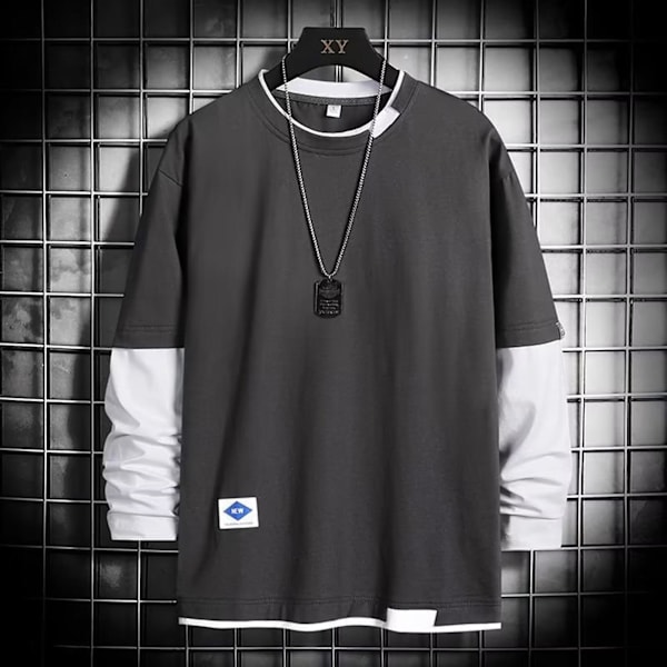 Miesten pyöreäkauluksinen pusero, kontrastivärinen, pitkähihainen T-paita rentoon päivittäiseen käyttöön, juhliin ja kouluun 352 Gray 2XL