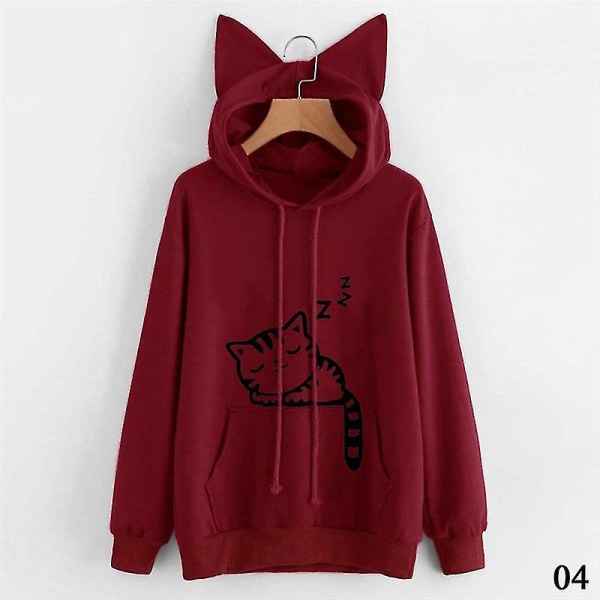 Kvinnor Hoodies Sweatshirt Kawaii Rosa Höst Cartoon Katt Mönster Långärmad Moletom Hoodie Sweatshirts Öra Hooed Mujer 04 Wine Red XXL