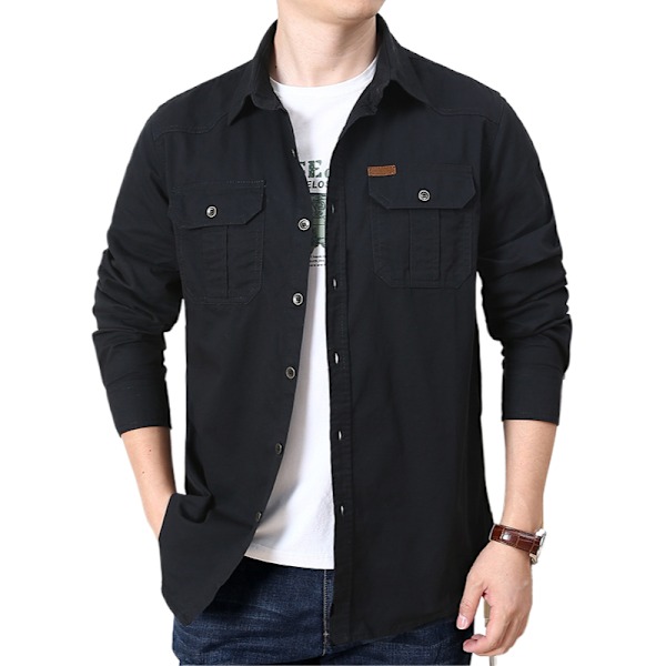 Herre skjorte ensfarget avslappet løs langermet skjorte herre arbeidsklær lommedesign stil jakke black 4XL-195
