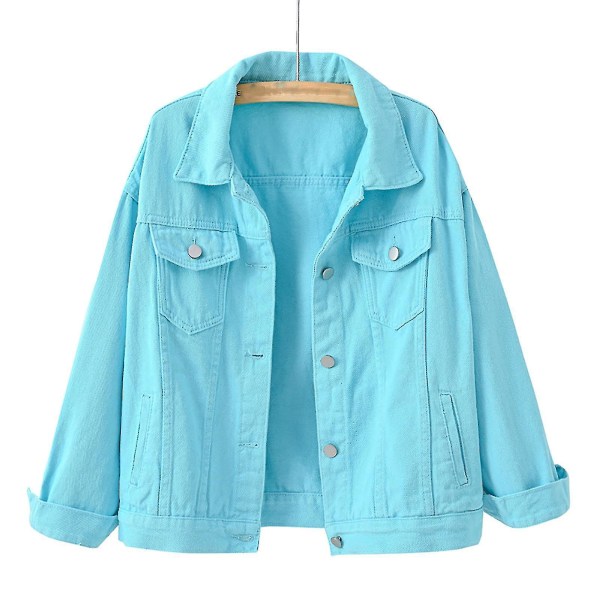 Dam Vår och Höst Jackor Varm Enfärgad Långärmad Jeansjacka Ytterkläder Sky Blue L