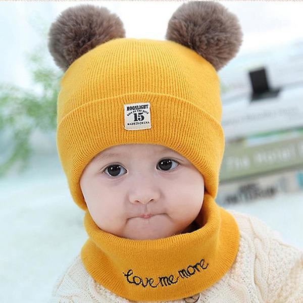 Stickad Babymössa med Pom Pom Tofs och Snood Halsduk Pojke Flicka Småbarn Mössa Set Yellow
