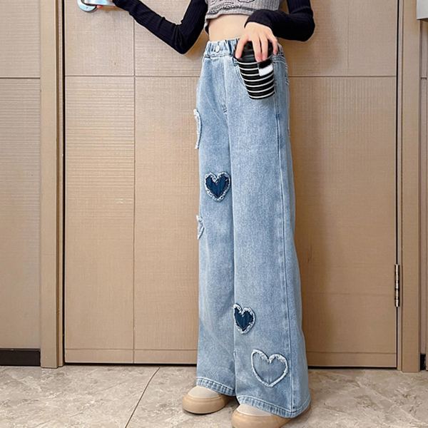 Flickor Vida Ben Denim Byxor Elastisk Midja Hjärta Mönster Tryck Jeans För Semester Vardag Skola Blue 140