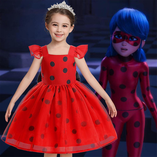 Baby Kids Polka Dots Ladybug Utstyrsklänning för Flickor Födelsedag Halloween Jul Fancy Party Princess Tutu Klänningar 4-5 Years