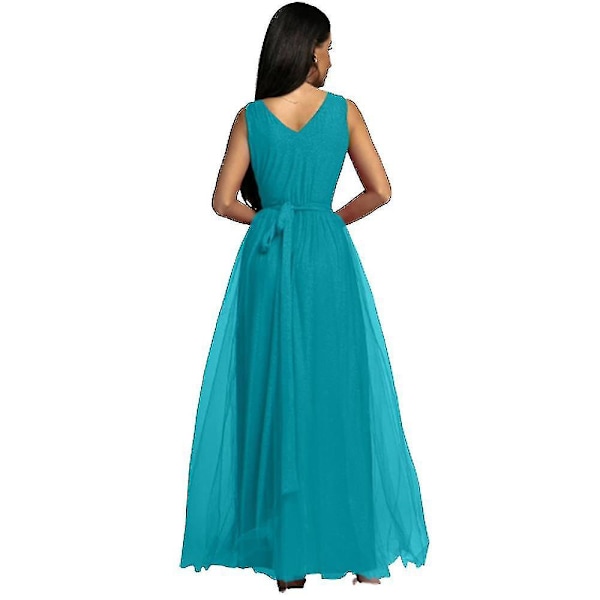 Dame V-hals Brudepige Bryllup Maxikjole Dame Galla Balkjole Aften Cocktailparty Slids Lange Kjoler Blue M