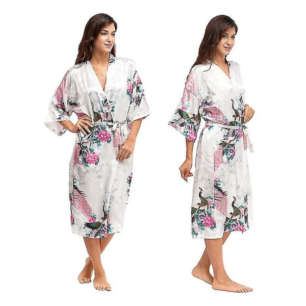 Damblommigt printed mjukt satin Kimono Morgonrock Bröllop Morgonrock Sovkläder White 2XL