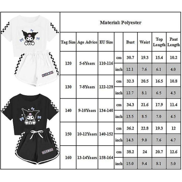 Barnflickor Kuromi Träningsoverall Söt Cartoon Anime Kortärmad T-shirt + Shorts Set Casual Sportkläder Kläder White 9-10 Years