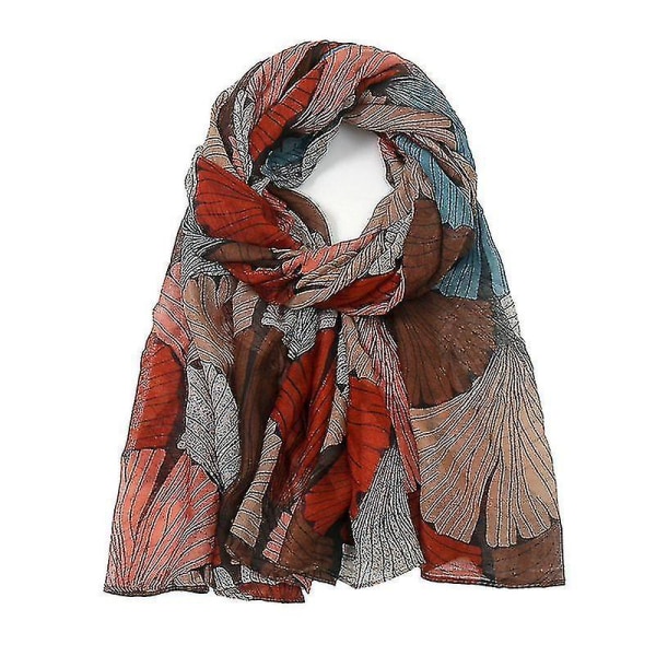 Balinesisk Trykket Skjerf Ginkgo Blad Sjal Wrap red brown