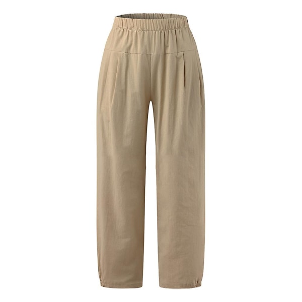 Dam Enfärgad Elastisk Midja Lös Croppad Byxa Sommar Vardaglig Långbyxa Khaki M