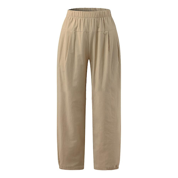 Dame Ensfarvede Elastiske Løse Cropped Bukser Sommer Casual Lange Bukser Khaki M