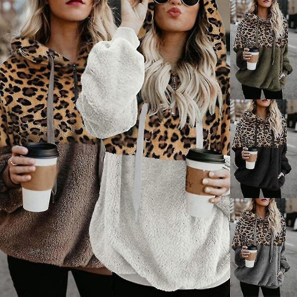 Hættetrøje til kvinder Leopard Print Plys Sweatshirt med lommer Snørehætte Red Khaki 4XL