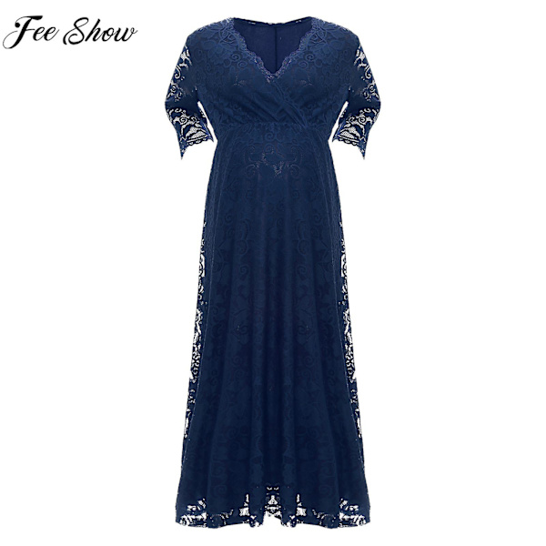 Elegant Maxiklänning i Spets för Gravida, Festklänning, Fotograferingsklänning, Plusstorlek, Tyll A-linje Bröllop Bal Aftonklänning Navy Blue XL