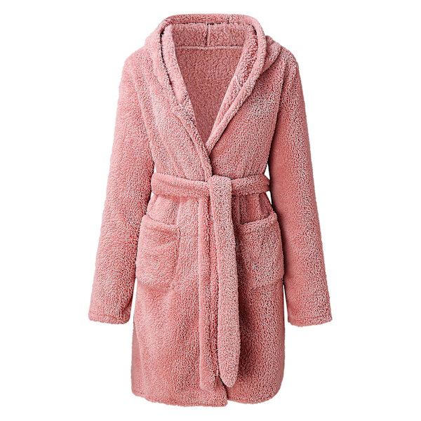 Vinter og høst fuzzy badekåpe dame korallfleece hjemmeklær hette åpen front med belte Pink XL