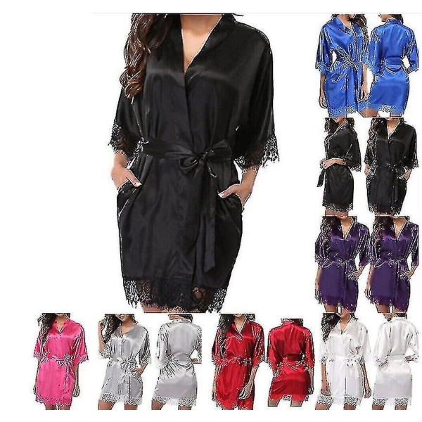 Satin Robe Bröllop Brudtärna Kimono Klänning Nattlinne Badrock -c Black 2XL