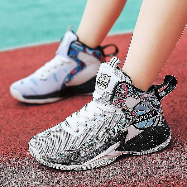 Barn Basketbollskor Andningsbara Sneakers Pojkar Flickor Sportskor Yj8768 WhiteBlack 34