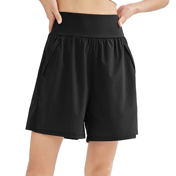 Kvinnors enfärgade fitnesshorts med fickor, mjuka och bekväma löpartights för cykling och simning Black XL