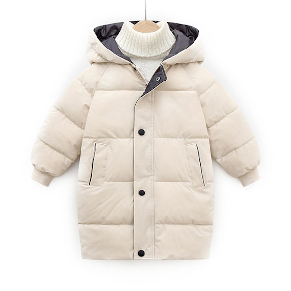 Vinterjacka för barn, medellång pufferjacka med huva och fickor, enfärgad Beige 150cm