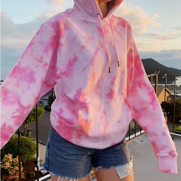 Tie Dye Sweatshirt Långärmad Dragsko Pullover Toppar Lös Casual Sweatshirt För Pink L