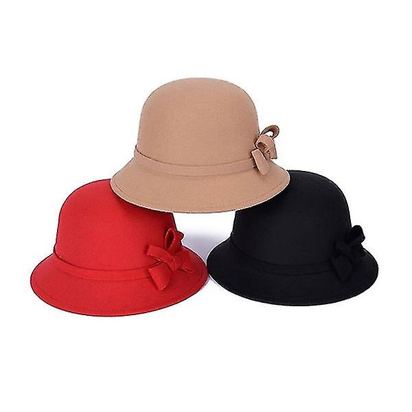 Vinter Damehatt Fedora Sløyfe Bredbremmet Bøttehatt Black