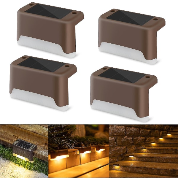 4 Pakning Solcelle Dekkslys LED Solcelle Trinnlys Vanntette Gjerdelamper For Utendørs Trinn Gjerde Brown Cold Light