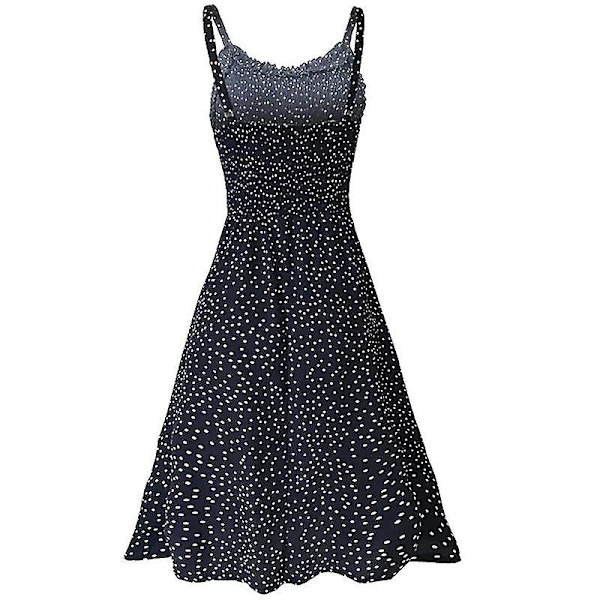 Sommarklänning med prickar för kvinnor, midilång, semesterbälte, strandklänning, lös solklänning Navy Blue L