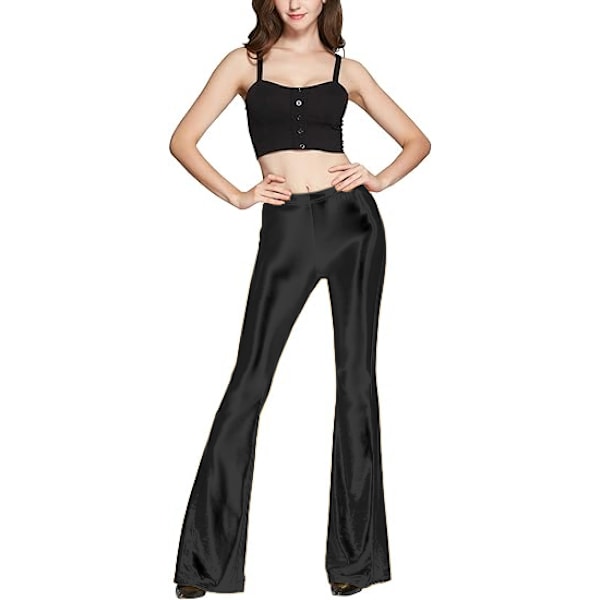 Dame skinnende metalliske pailletter med høj talje, stretchy bell bottom udvidede bukser, sort Black L