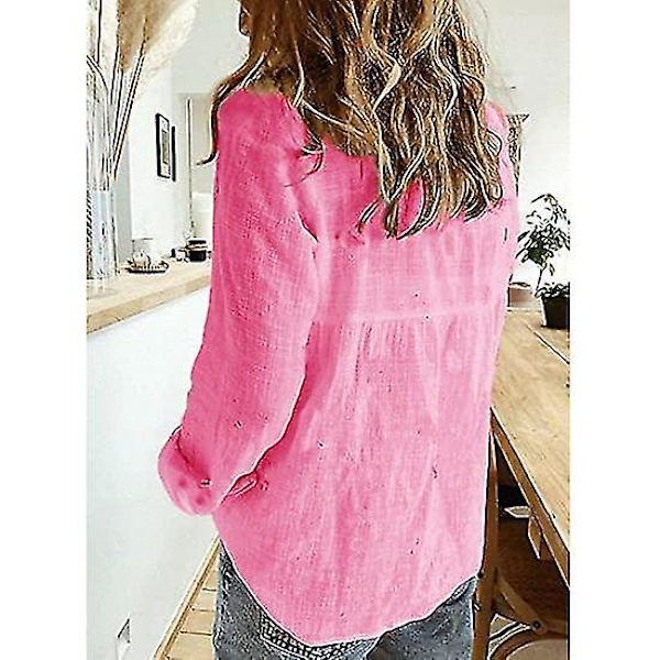 Dam V-ringad T-shirt Långärmad Knäppning Blusar Toppar Pink L