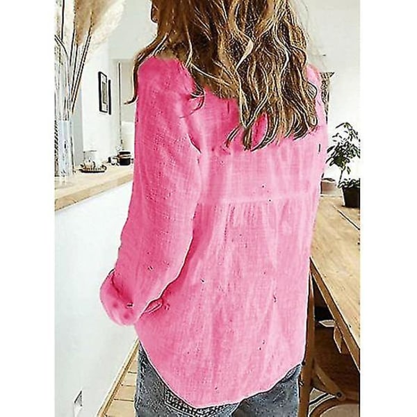 Dame V-hals T-skjorte Langermet Bluse med Knapper Pink L
