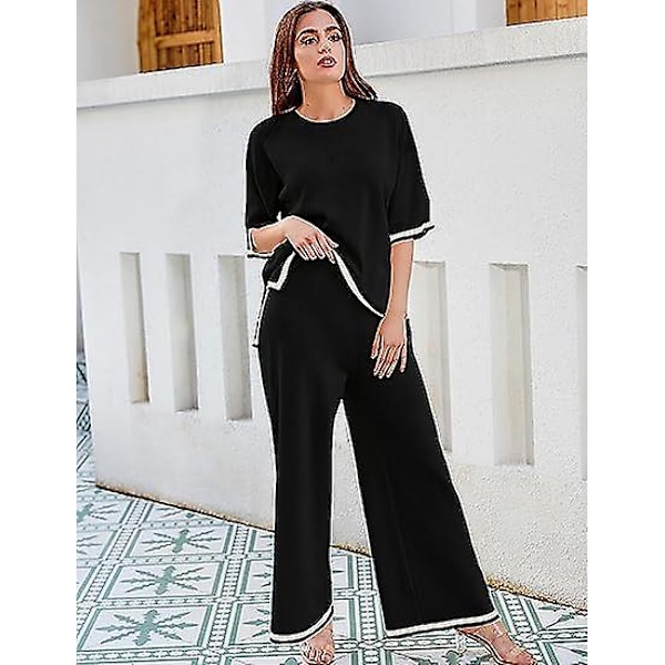 Fashion Kostym Färgkontrast Split Kortärmad Stickad + Högmidjade Slankande Vida Byxor Tvådelad Set black L