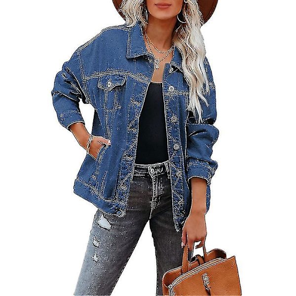 Dam Enfärgad Jeansjacka Lös Kavaj Enkelknäppt Street Jeansjacka Royal Blue M