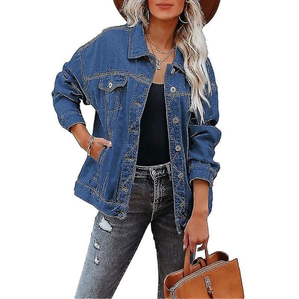 Naisten yksivärinen denim-takki, väljä, käänteellinen neuletakki, yksirivinen katutyylinen farkkutakki Royal Blue S