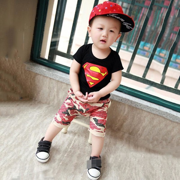 Barn Superman Print kortärmad T-shirt Sommar Casual Crew Neck Basic Tee Tops Black 6-7 Years