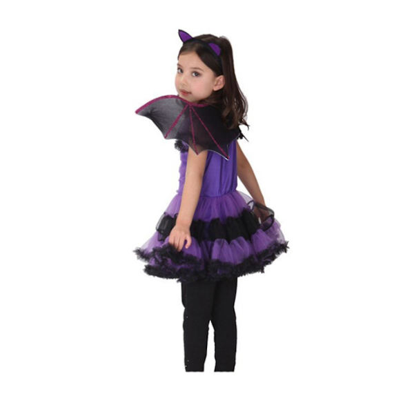 Lasten Tyttö Halloween Verkkomekko Lepakkosiipi Päähine Noidan Kolmiosainen Setti 3-4 Year