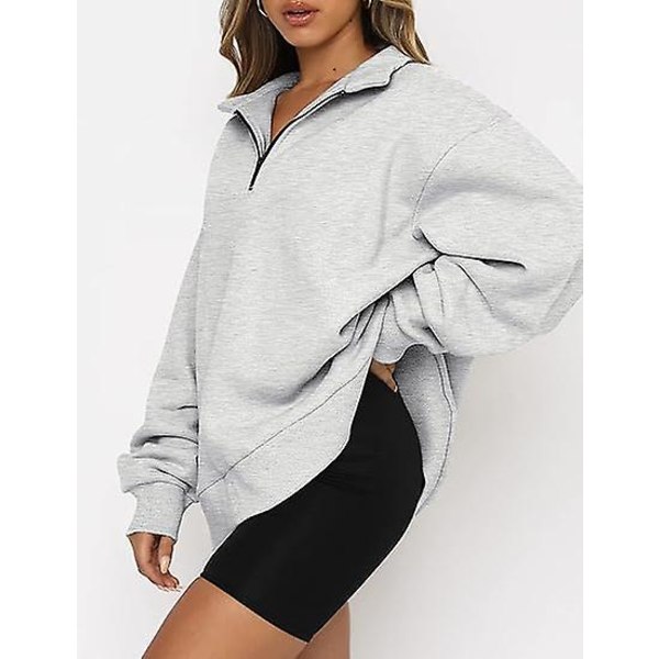 Kvinnors Oversized Sweatshirts Hoodies Halv Zip Pullover Höst Mode Outfits grey L