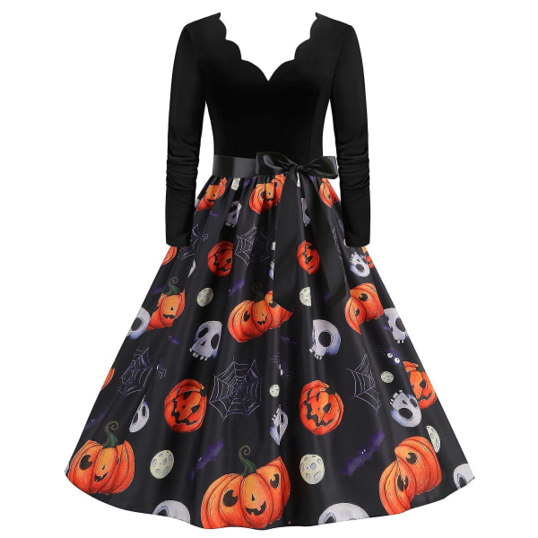 Halloween Kostym Klänningar Dam Skelett Pumpa Tryckt Casual Fåll Klänning Fest COLOR 7 3XL