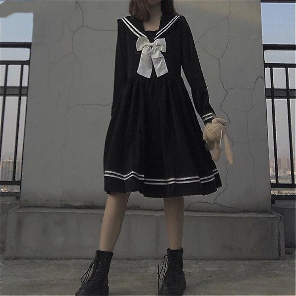 Rosett Patchwork Lös A-linje Mode Knälång Söt Empire Preppy Style Japansk All-match Black School Uniform XL black