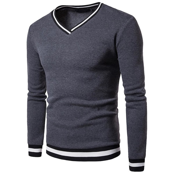 Herr Colorblock V-ringad Långärmad Tröja Casual Slim Fit Pullover Jumper Toppar Dark Grey 3XL