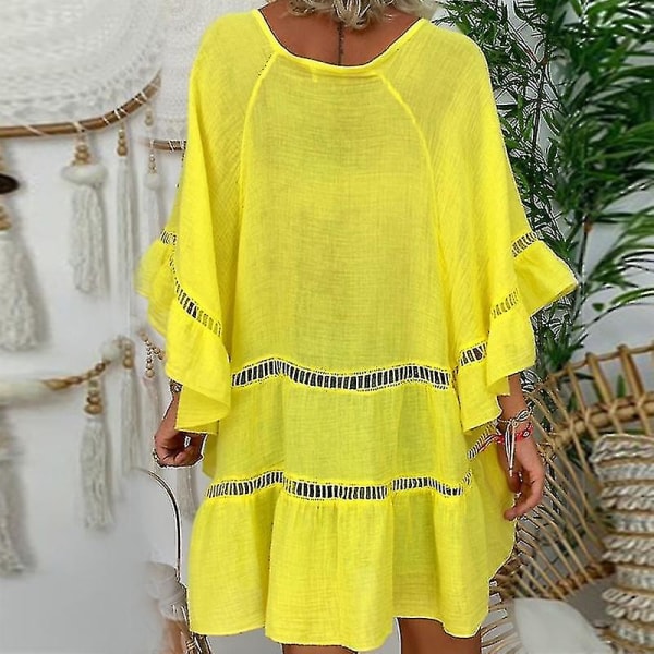 Naisten puuvilla-pellava ontto röyhelöinen pusero tunika topit paita plus-koko Yellow 5XL