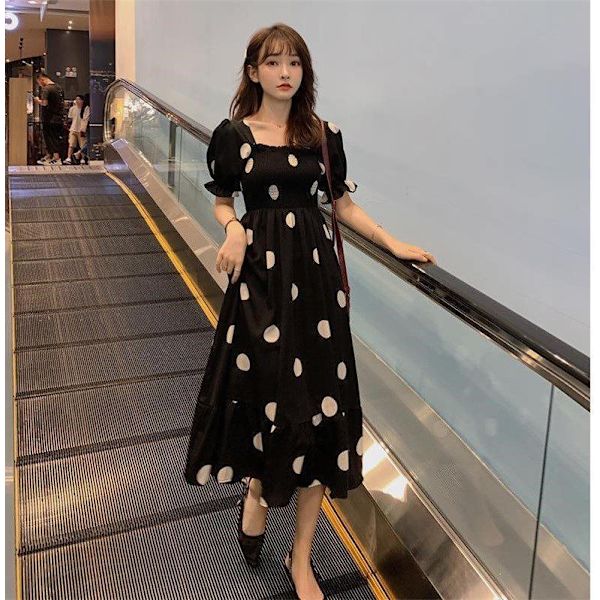 Ny Sommer Underbelly Slim Mellem længde Polka Dot Kjole black L