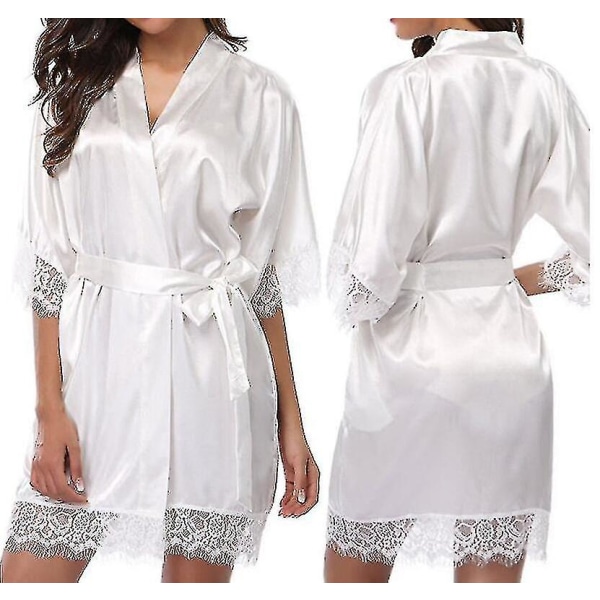 Satin Robe Bröllop Brudtärna Kimono Klänning Nattlinne Badrock -c White L