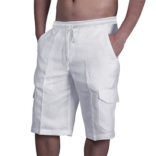 Miesten pellava-puuvillasekoitteiset cargo-shortsit, kiristysnyörillä ja joustavalla vyötäröllä - 3 Khaki 3XL