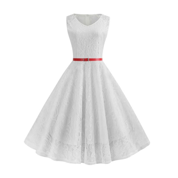 Dame Blonde Retro Rockabilly Midi Kjole 50-talls 60-talls Kveldsfest Swing Sommerkjole Hvit White L