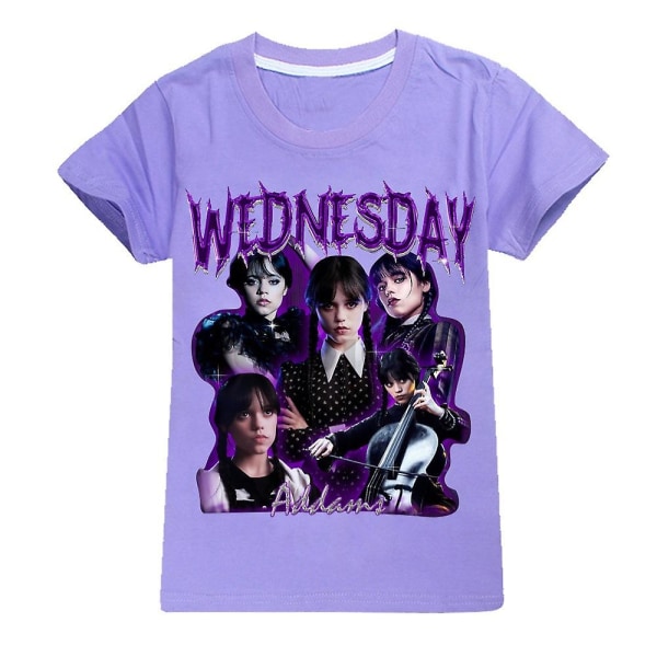 Wednesday Addams Grafisk Tryck Barn Flickor T-shirts Casual Crew Neck Tee Sommar Kortärmad Lösa Toppar Purple 9-10Years