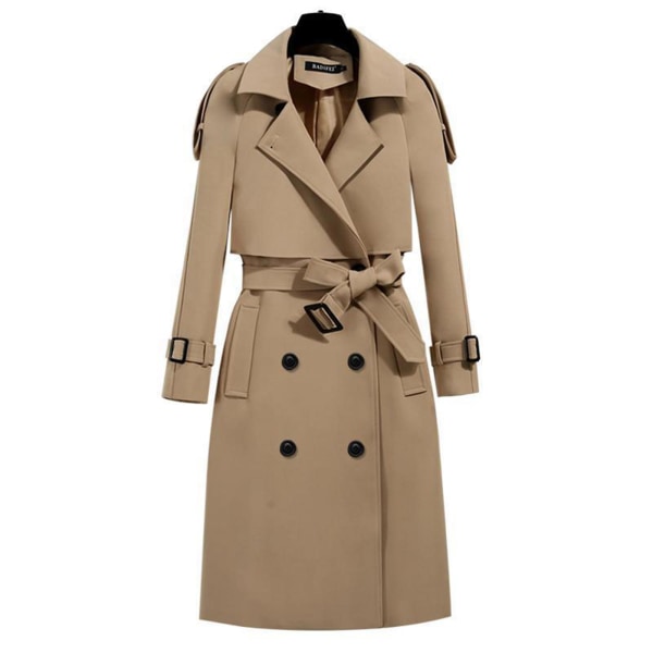 Klassisk trenchcoat för damer, mellanlång, mode, vindtät jacka för höst, vår och vardagsbruk Khaki XL
