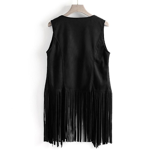 1970-luvun naisten hapsullinen hihaton käännekaulusliivi, 70-luvun hippi tekonahkainen hapsutettu liivijakku neuletakki Black 2XL