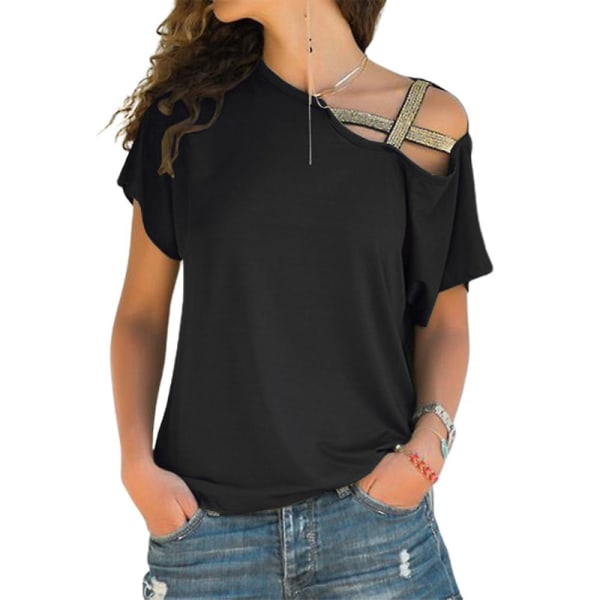 Dame Cross Cold Shoulder T-skjorte Sommer Casual Stilig Kort Ermet Tee Bluse Løse Topper Pluss Størrelse Black 5XL