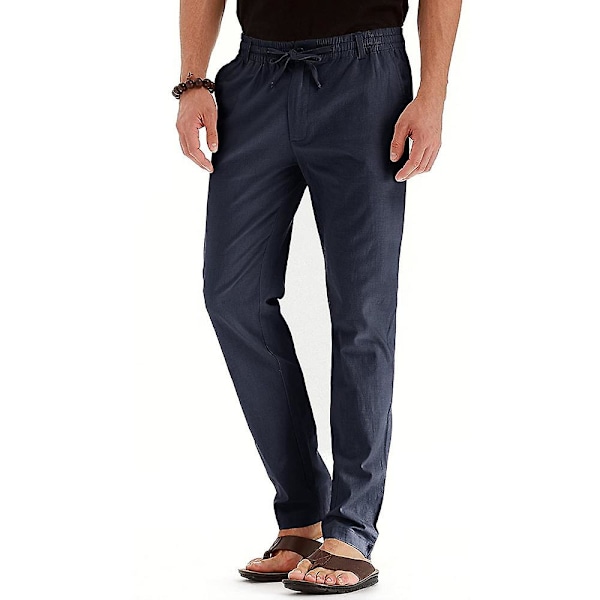 Herr Enfärgad Elastisk Midja Långbyxor Dragsko Raka Ben Casual Byxor Navy Blue M