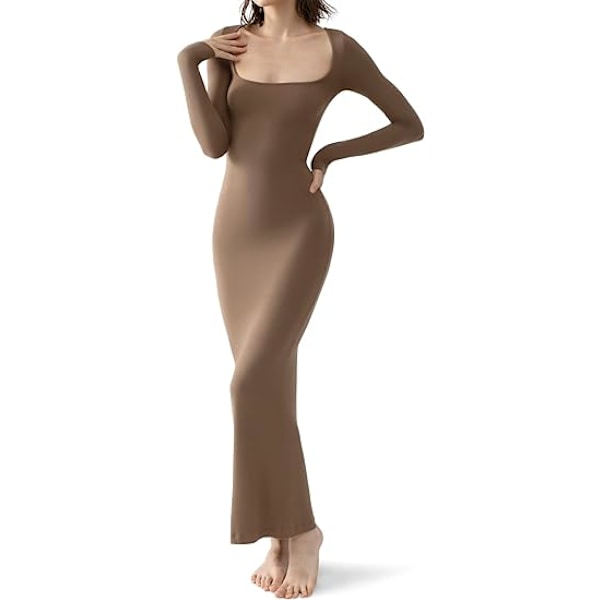 Kvinders firkantet hals langærmet maxikjole blød lounge ribstrikket bodycon kjole til kvinder hasselnød M Hazelnut m