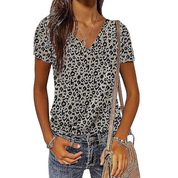 Kesäinen Camouflage T-paita Naisille V-kaula-aukolla ja Lyhyillä Hihoilla Leopard Pattern M