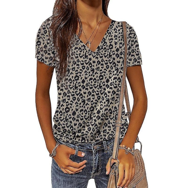 Sommar Camouflage T-shirt för kvinnor med V-ringad kort ärm Leopard Pattern L
